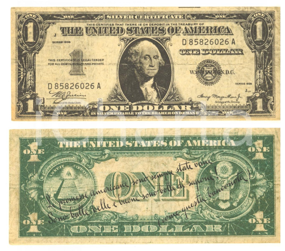 Materiale pubblicitario d’epoca 1948 DOLLARO FALSO  Propaganda politica  1 FAKE DOLLAR 1