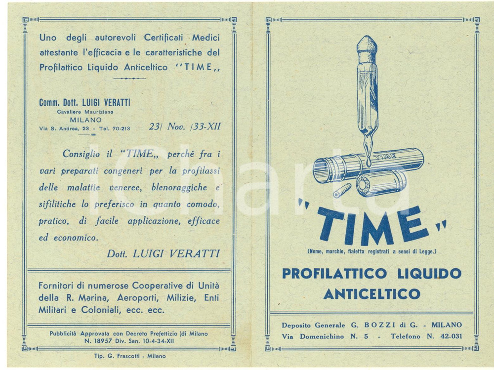Materiale pubblicitario d’epoca 1934 MILANO Ditta G. BOZZI  Profilattico liquido TIME Dépliant pubblicitario 1