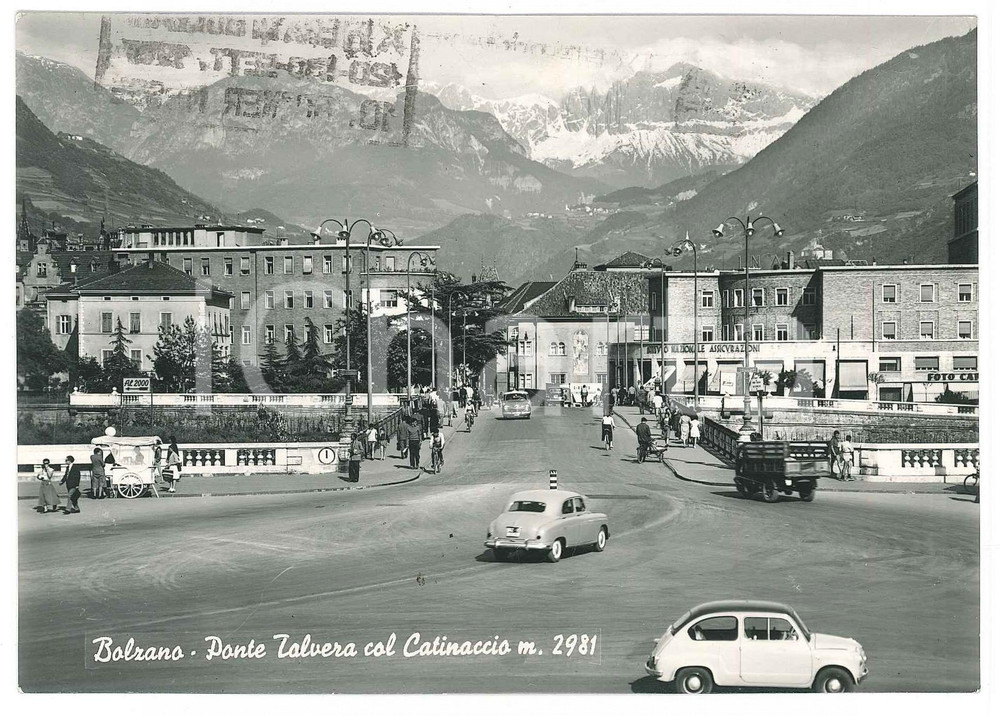 Cartolina originale da collezione 1957 BOLZANO Ponte Talvera  Gelataio ambulante e sede INA Cartolina FG VG 1