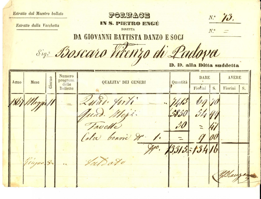 Documento originale, autentico 1865 ca SAN PIETRO IN GU PD Fornace Giovanni Battista DANZO & Soci Fattura 1