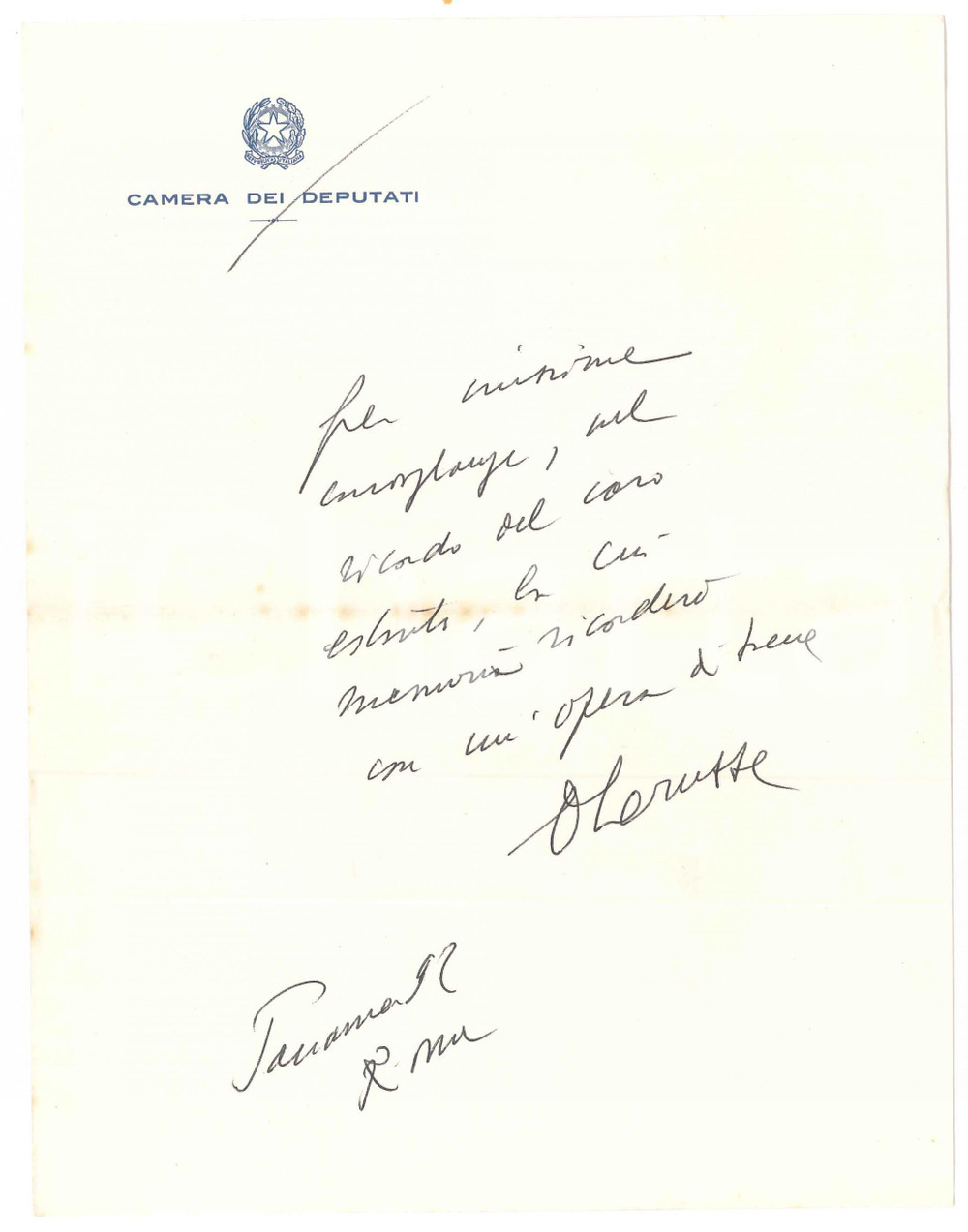 Autografo originale 1992 Lettera on. Vincenzo LA RUSSA per condoglianze Autografo 1