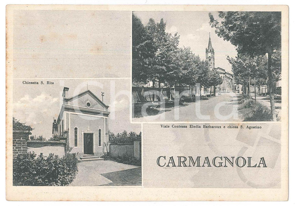 Cartolina originale da collezione 1955 ca CARMAGNOLA Chiesetta di Santa Rita e Chiesa Sant Agostino  Cartolina 1