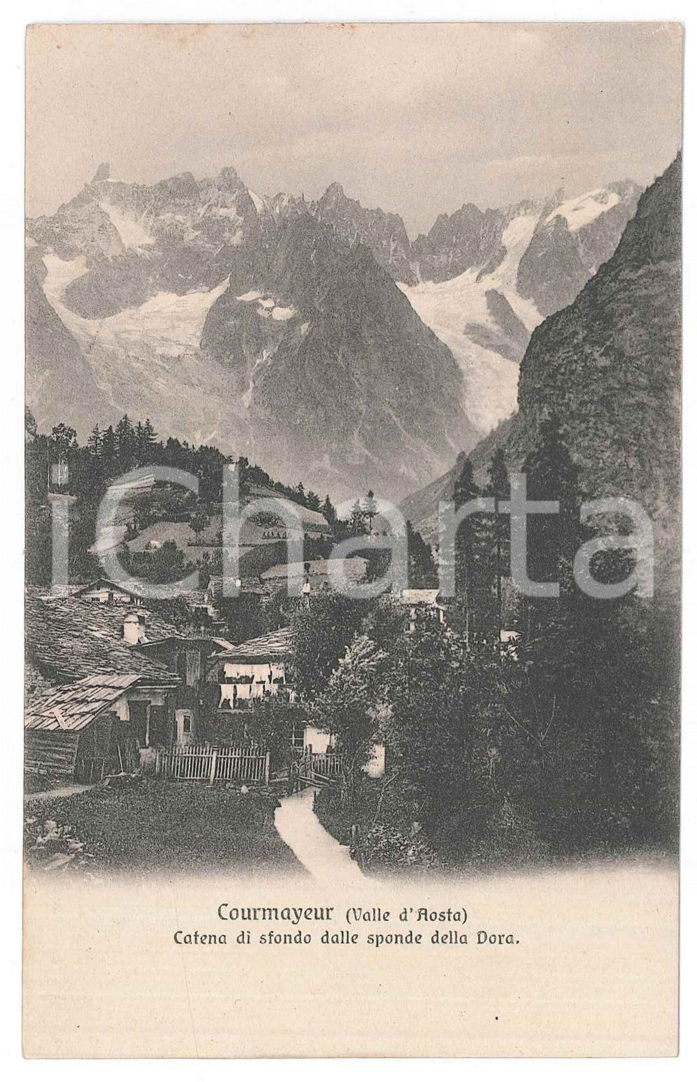 Cartolina originale da collezione 1930 ca COURMAYEUR AO Panorama dalle sponde della DORA Cartolina FP NV 1