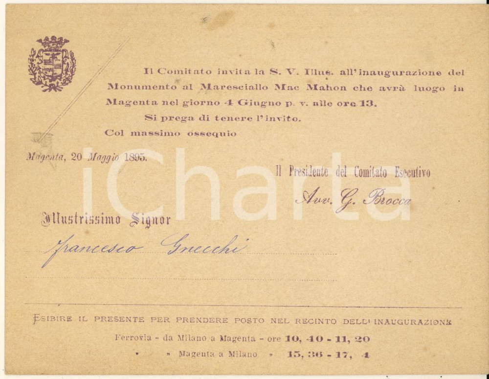 Materiale pubblicitario d’epoca 1895  MAGENTA  Inaugurazione monumento al Maresciallo MAC MAHON Invito 1