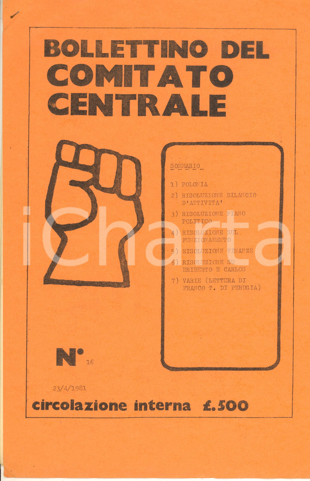 Giornale, rivista storica 1981 BOLLETTINO DEL COMITATO CENTRALE Polonia  Bilancio attività n° 16 1
