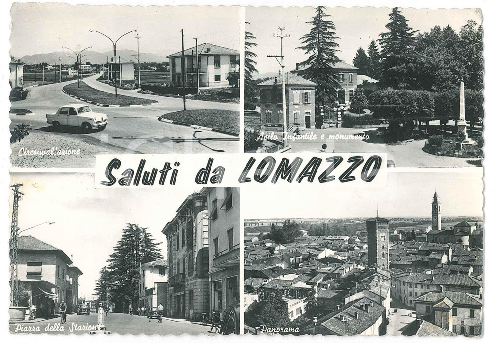 Cartolina originale da collezione 1955 ca LOMAZZO Vedutine con asilo e Piazza dello sport  Cartolina FG VG 1