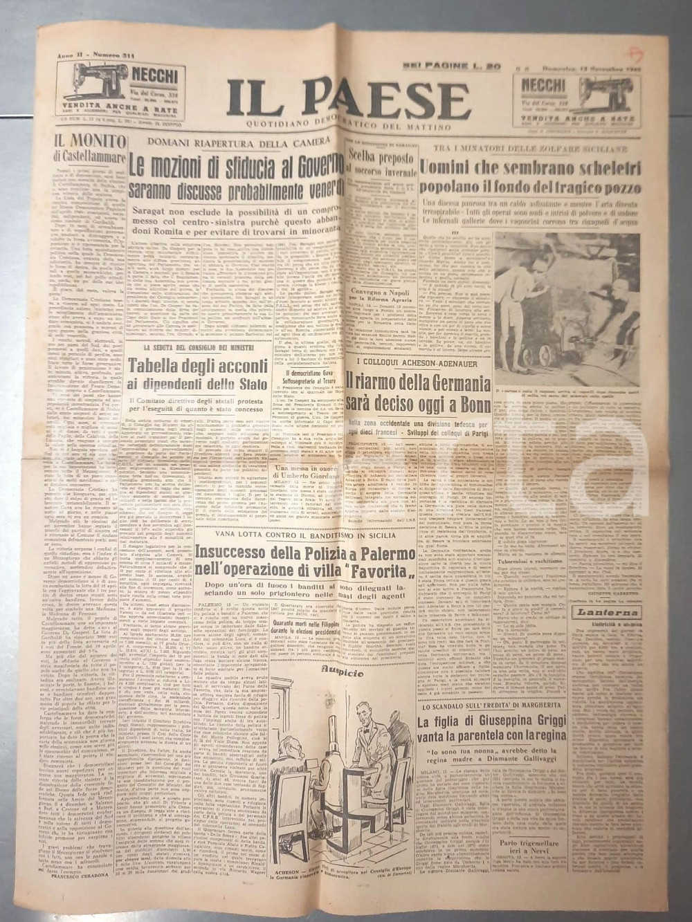 Giornale, rivista storica 1949 IL PAESE Tra i minatori delle zolfare siciliane  Riarmo Germania Giornale 1