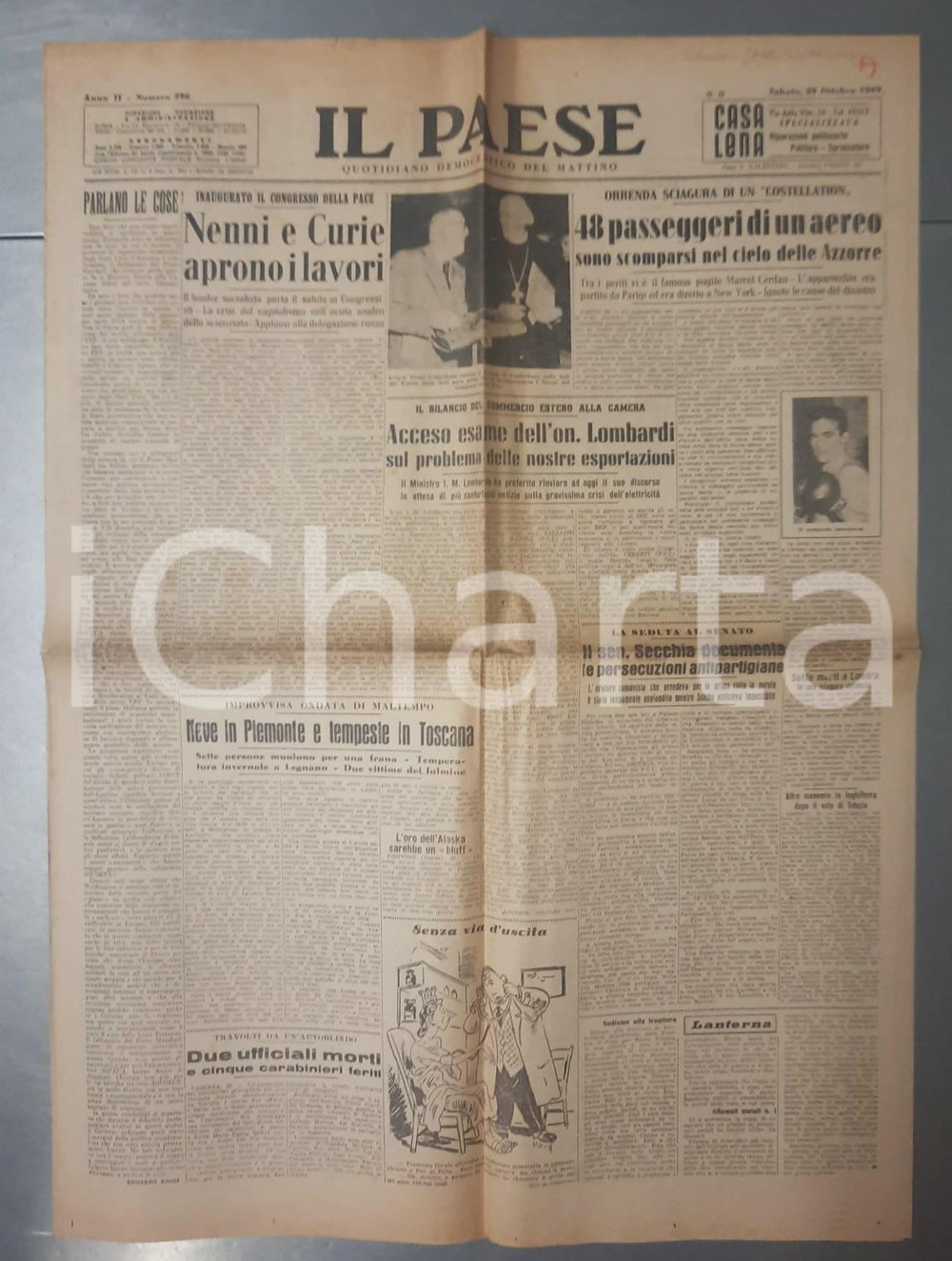 Giornale, rivista storica 1949 IL PAESE Marcel CERDAN muore nel disastro aereo delle Azzorre Giornale 1