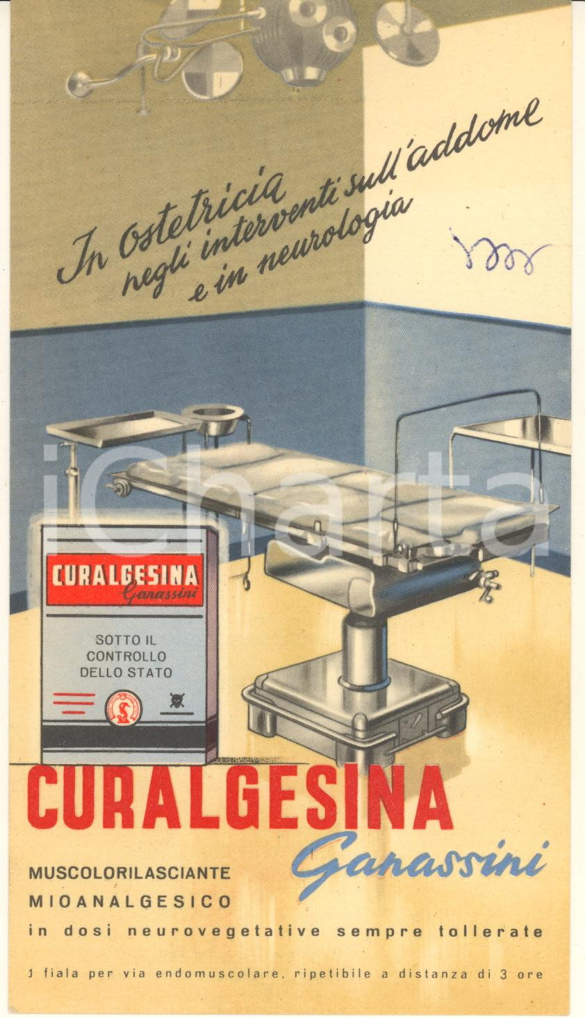 Materiale pubblicitario d’epoca 1950 ca MILANO  Farmaceutica GANASSINI  Cartoncino CURALGESINA per ostetricia 1