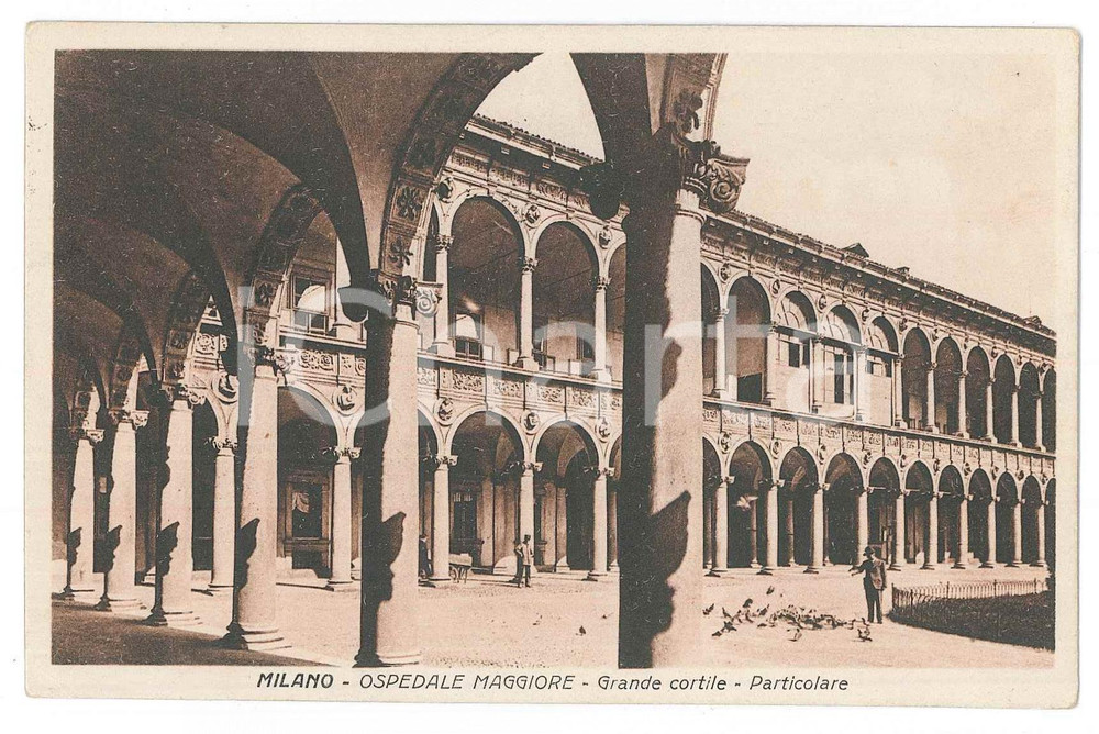 Cartolina originale da collezione 130 ca MILANO Ospedale Maggiore  Uomo sfama i piccioni  Cartolina FP VG 1