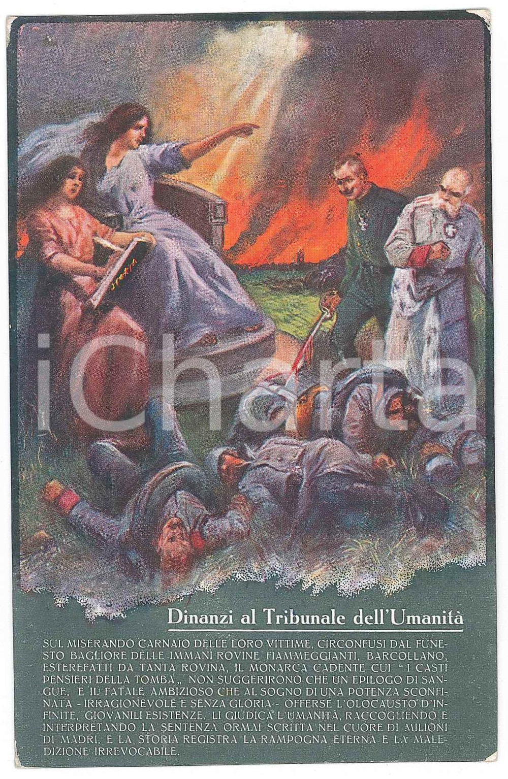 Cartolina originale da collezione 1916 WW1 Franz Joseph I e Wilhelm II davanti a tribunale dell umanità Cartolina 1