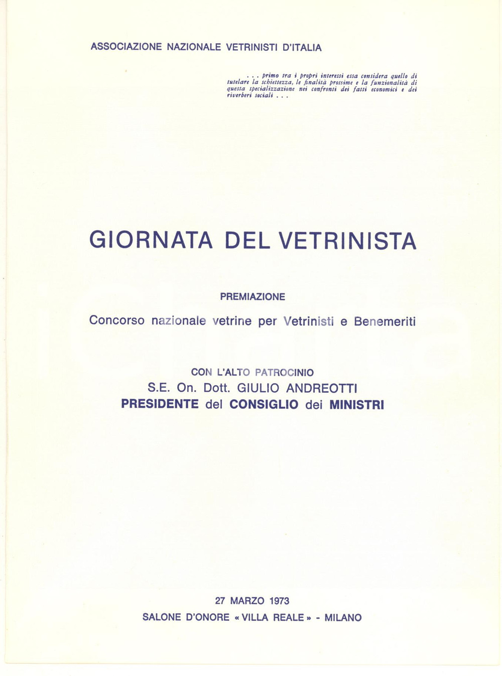 Documento originale, autentico 1973 MILANO Villa Reale  Giornata del Vetrinista  Invito premiazione concorso 1