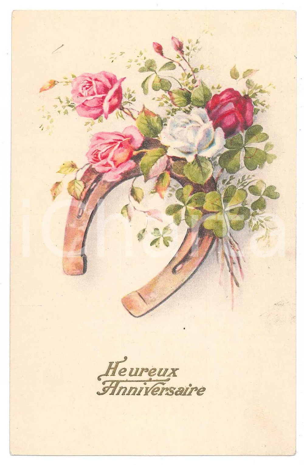 Cartolina originale da collezione 1935 HEUREUX ANNIVERSAIRE Roses et fer à cheval  Carte postale FP NV 1