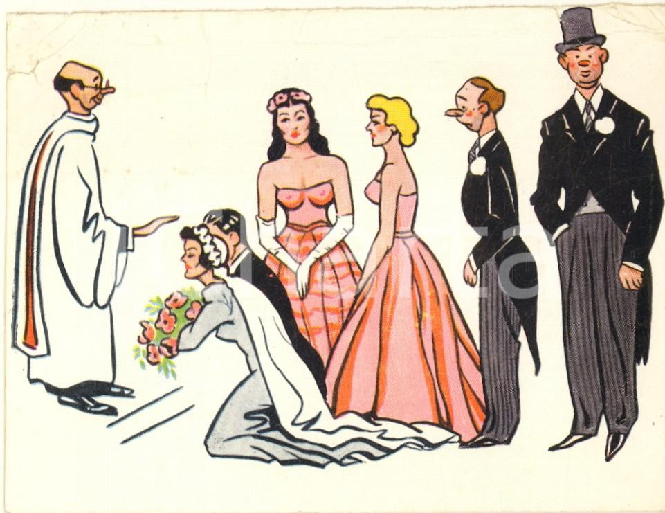Cartolina originale da collezione 1960 ca EROTICA VINTAGE Matrimonio in chiesa Biglietto con doppia scena 1