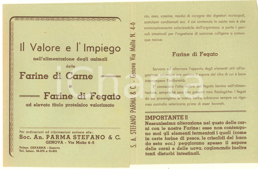 Materiale pubblicitario d’epoca 1951 GENOVA Soc. PARMA STEFANO Alimentazione animali  Farine carne Pieghevole 1