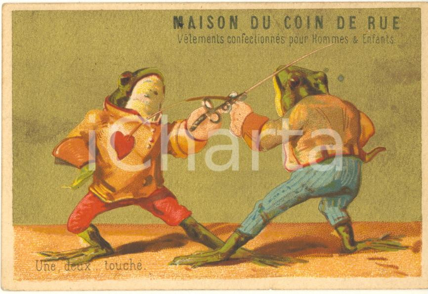 Materiale pubblicitario d’epoca 1890 ca BRUXELLES  MAISON DU COIN DE LA RUE  Chromo card fencing frogs 1