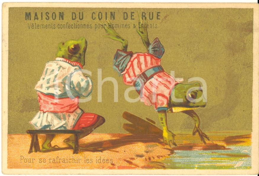 Materiale pubblicitario d’epoca 1890 ca BRUXELLES  MAISON DU COIN DE LA RUE  Chromo card swimming frogs 1