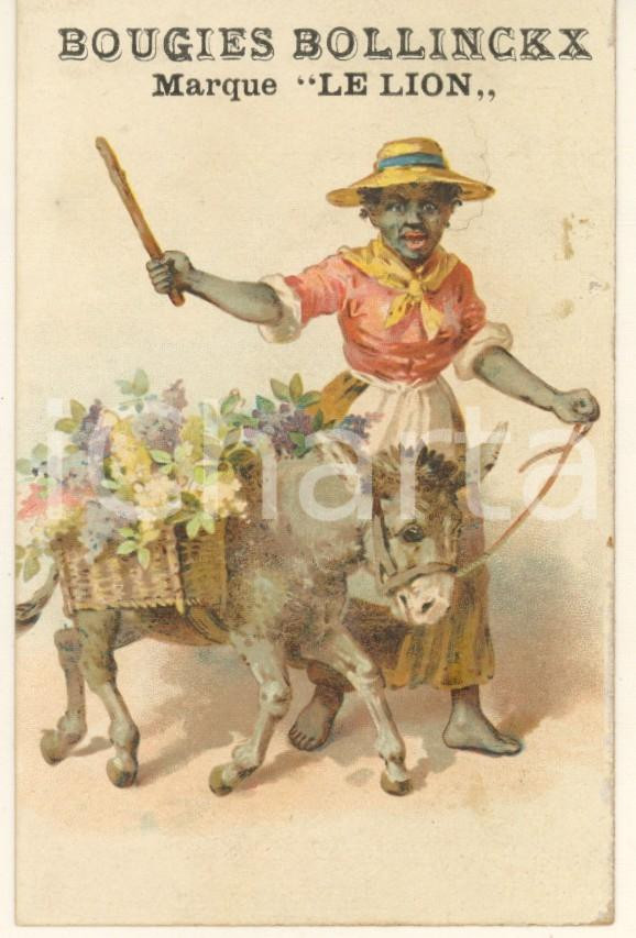 Materiale pubblicitario d’epoca 1890 ca BELGIQUE  Bougies BOLLINCKX Marque LE LION  Chromo card woman donkey 1