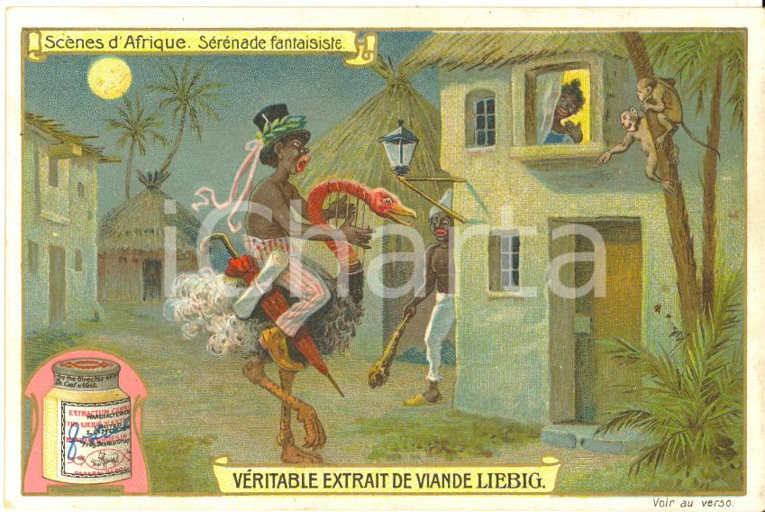 Materiale pubblicitario d’epoca 1890 ca FRANCE  LIEBIG  Chromo card Scènes d Afrique  Sérénade fantaisiste 1