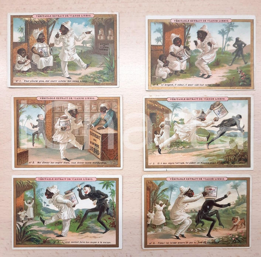 Materiale pubblicitario d’epoca 1890 ca FRANCE LIEBIG Lot 6 chromo cards  Black people  Robber Complete serie 1