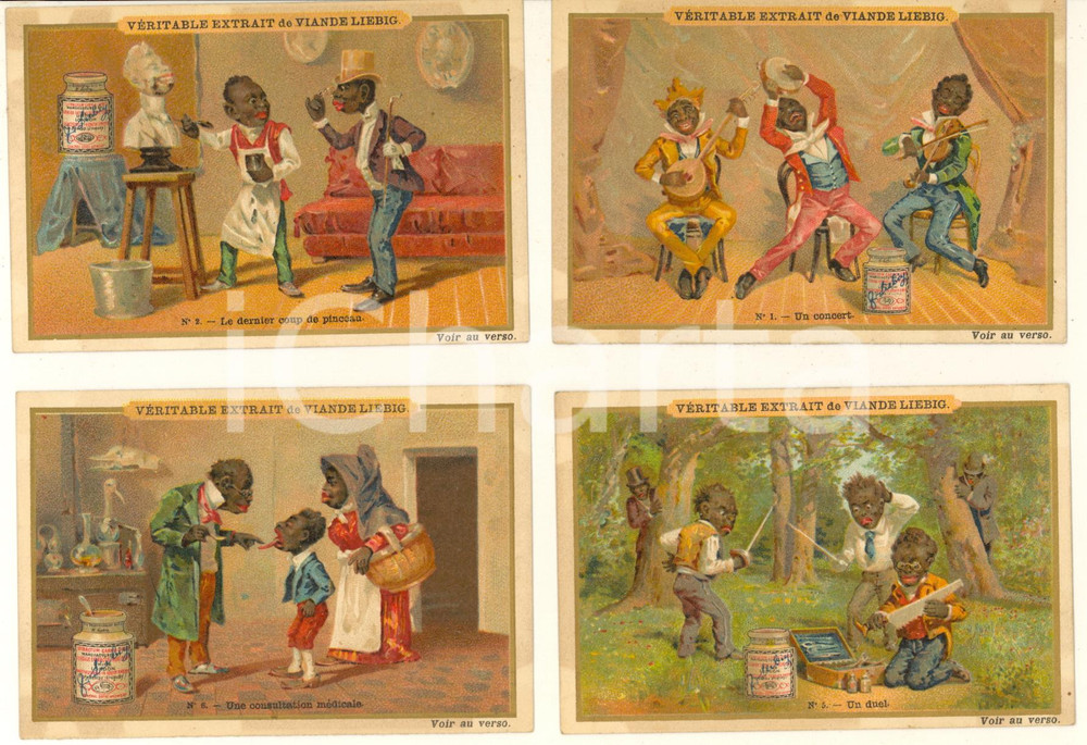 Materiale pubblicitario d’epoca 1890 ca FRANCE LIEBIG Lot 4 chromo cards  Black people 1
