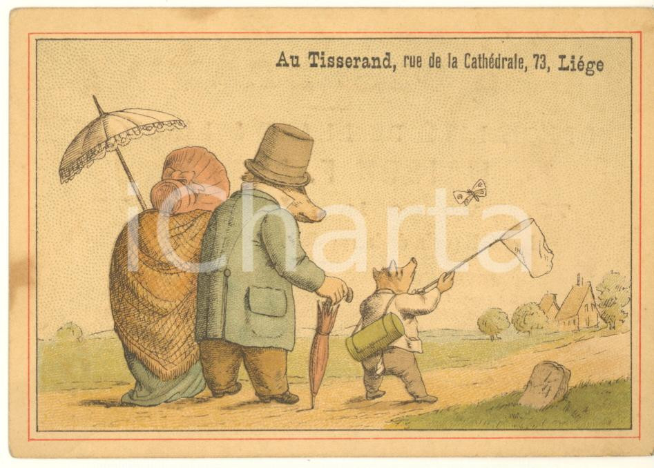 Materiale pubblicitario d’epoca 1900 ca BELGIQUE LIEGE  AU TISSERAND Blanc lingerie  Pigs walking Chromo card 1