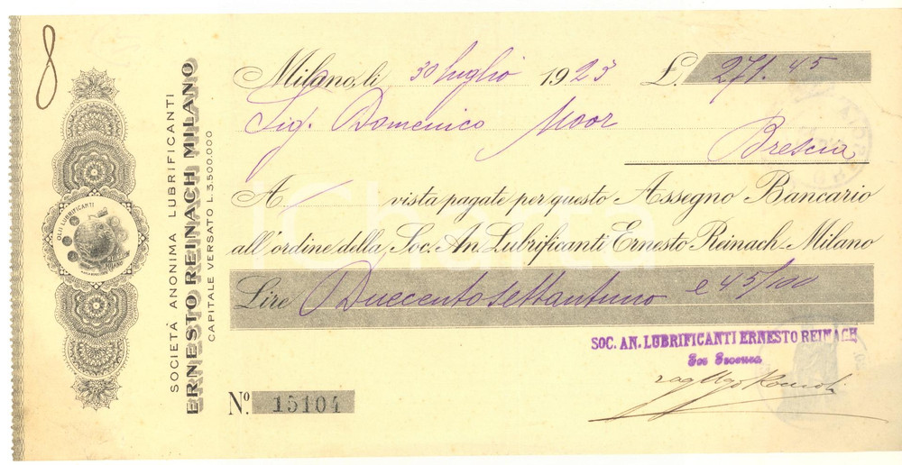 Oggetto da collezione cartaceo 1923 MILANO Ditta Ernesto REINACH lubrificanti  Cambiale pubblicitaria 1