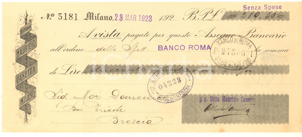 Oggetto da collezione cartaceo 1923 MILANO Ditta Maurizio CANETTA Liquori  Cambiale pubblicitaria 1