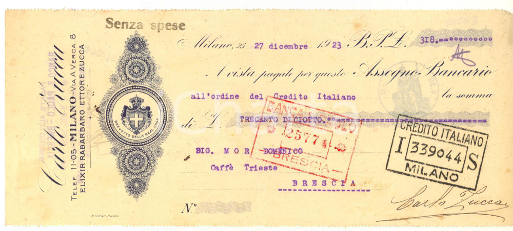 Oggetto da collezione cartaceo 1923 MILANO via Verga 8  Carlo ZUCCA Elixir rabarbaro  Cambiale pubblicitaria 1