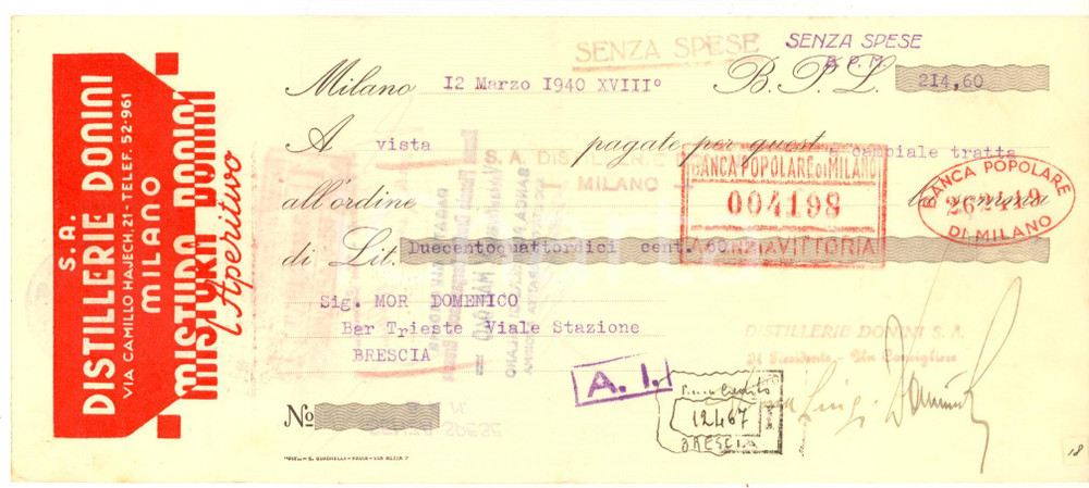 Oggetto da collezione cartaceo 1940 MILANO via Hajech 21  Distillerie DONINI  Cambiale pubblicitaria 1