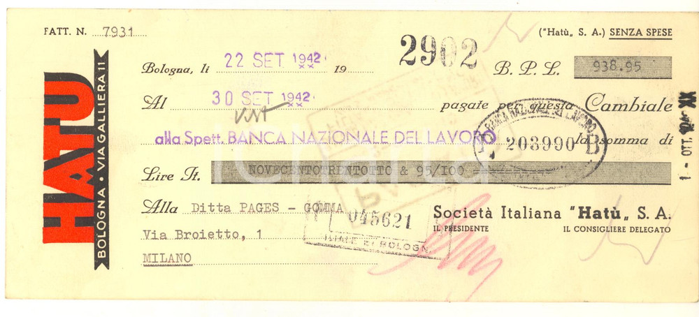 Oggetto da collezione cartaceo 1942 BOLOGNA via Galliera 11  Ditta HATU  Cambiale pubblicitaria 1