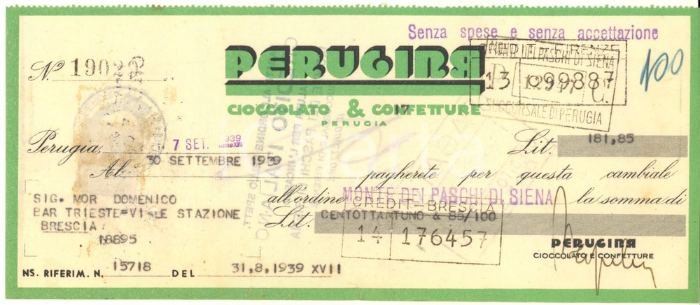 Oggetto da collezione cartaceo 1942 BOLOGNA via Galliera 11  PERUGINA  Cambiale pubblicitaria 1