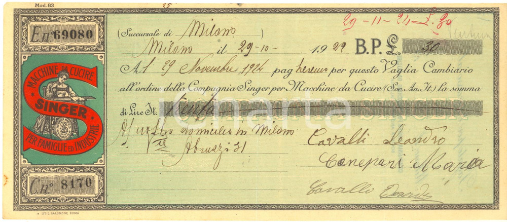 Oggetto da collezione cartaceo 1929 MILANO  SINGER Macchine da cucire  Vaglia cambiario pubblicitario 1