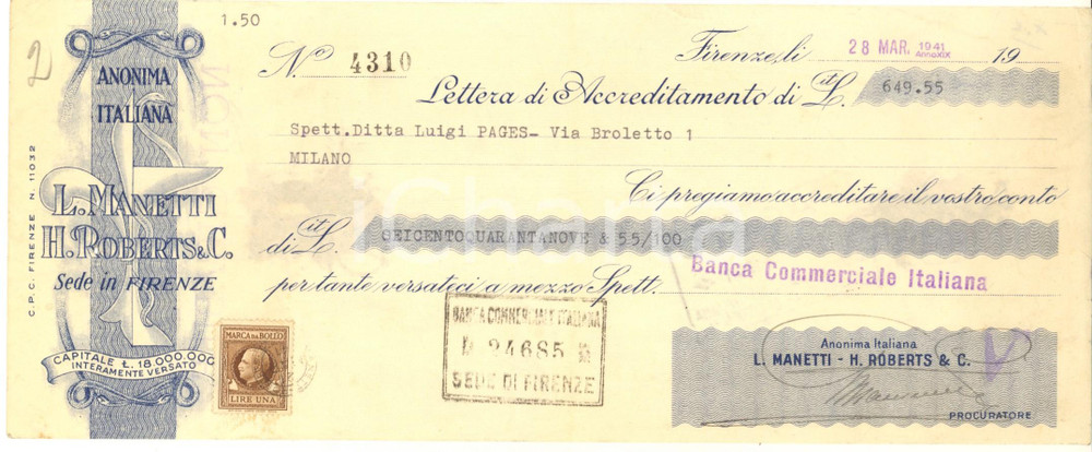 Oggetto da collezione cartaceo 1941 FIRENZE  MANETTI & ROBERTS  Lettera di accreditamento pubblicitaria 1