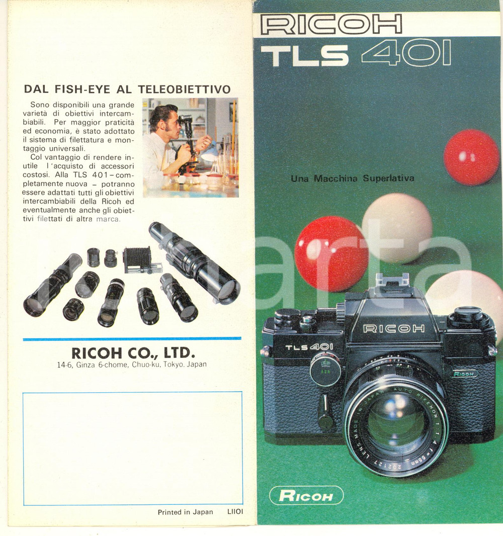 Materiale pubblicitario d’epoca 1970 ca RICOH TLS 401 Macchina fotografica  Pieghevole pubblicitario 1