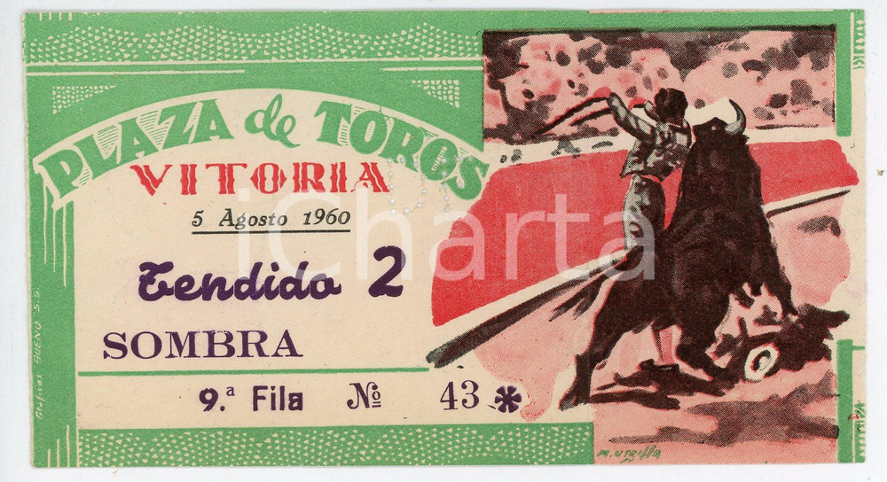 Oggetto da collezione cartaceo 1960 CORRIDA  VITORIA ESPANA Plaza de toros  Tendido 2 sombra  Biglietto 1