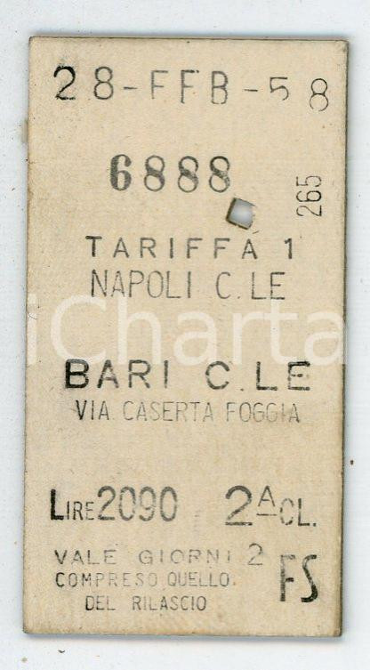 Oggetto da collezione cartaceo 1958  FERROVIE DELLO STATO Tratta NAPOLI  BARI Biglietto FS 3x5 cm 1