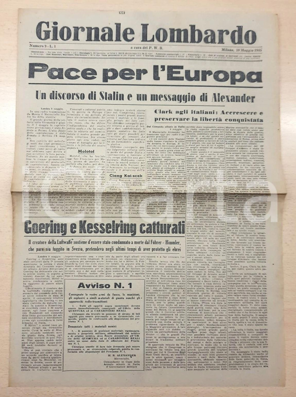 Giornale, rivista storica Maggio 1945 GIORNALE LOMBARDO Goering catturato  Avviso maresciallo Alexander 1