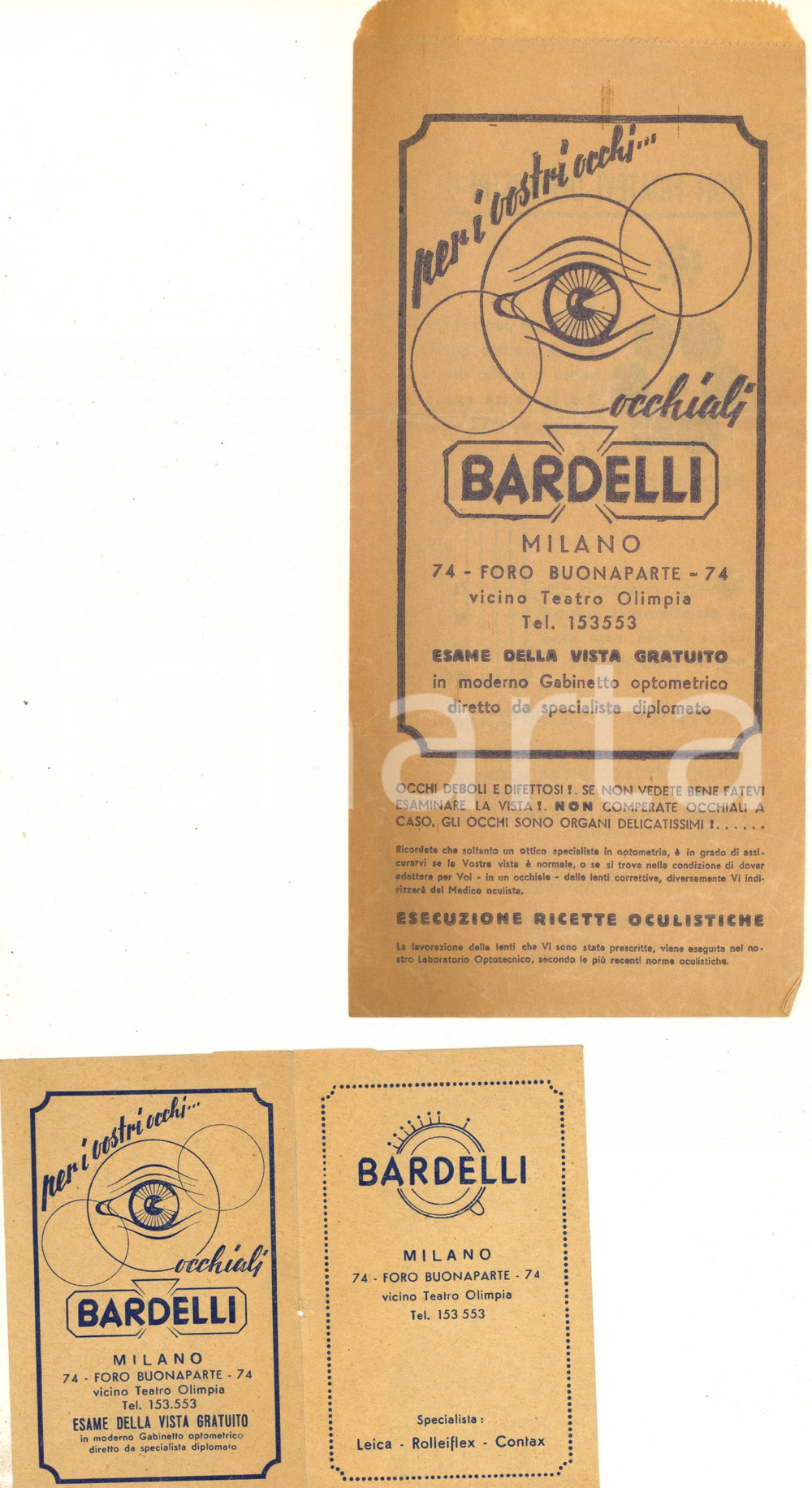 Materiale pubblicitario d’epoca 1950 ca MILANO Foro Buonaparte  Ottica BARDELLI  Lotto 2 buste pubblicitarie 1
