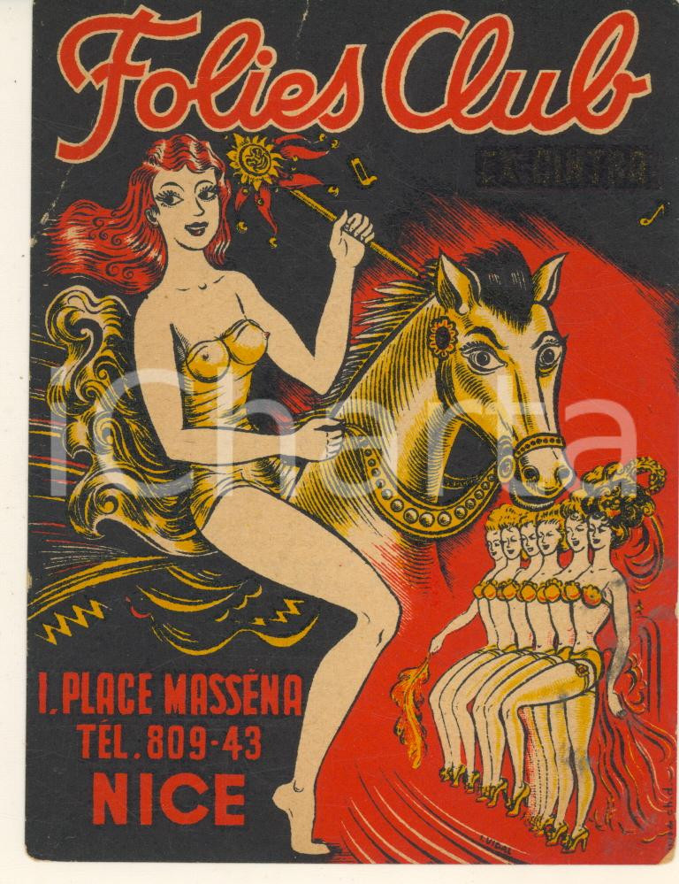 Materiale pubblicitario d’epoca 1950 ca NICE  Place Massena  FOLIES CLUB Cabaret Biglietto pubblicitario 1