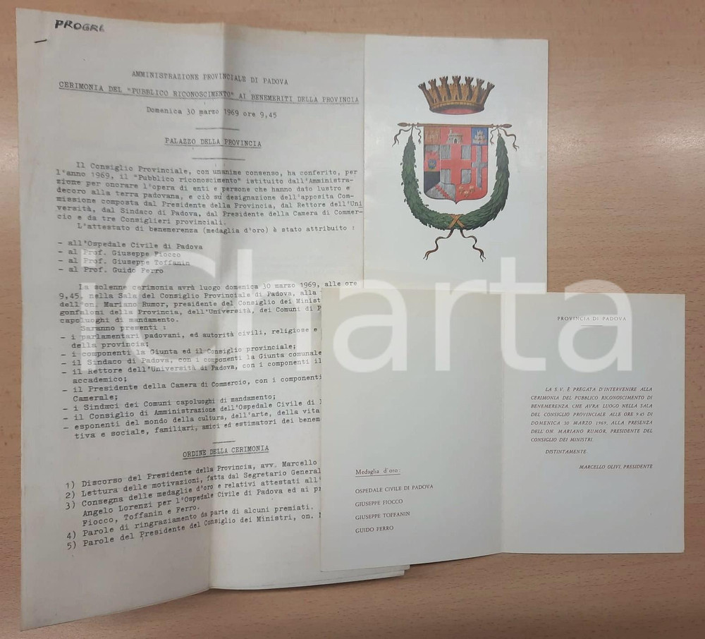 Documento originale, autentico 1969 PADOVA Cerimonia benemeriti della Provincia  Programma e inviti 1