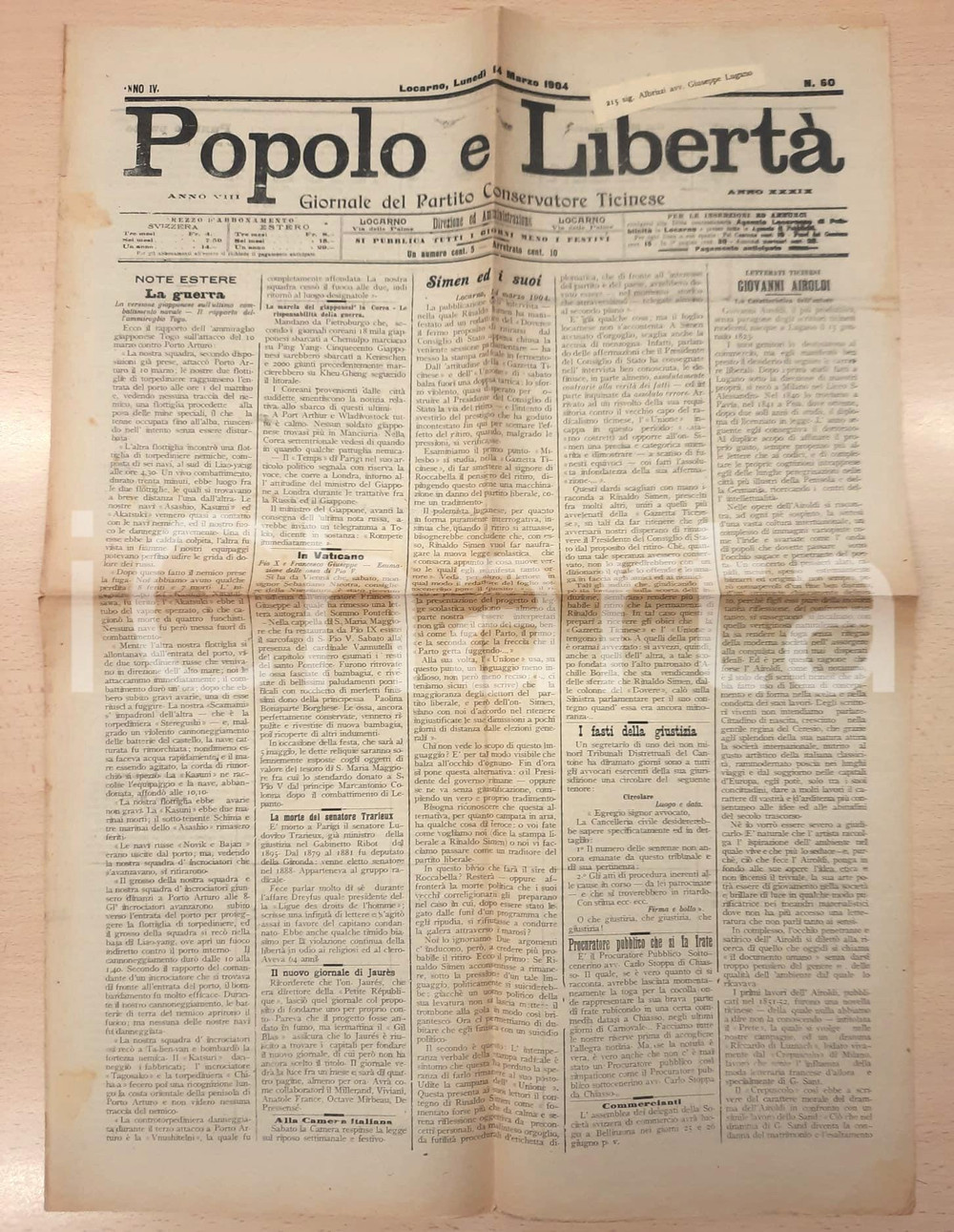 Giornale, rivista storica 1904 POPOLO E LIBERTÀ Giovanni AIROLDI scrittore  Ritiro Rinaldo SIMEN Giornale 1