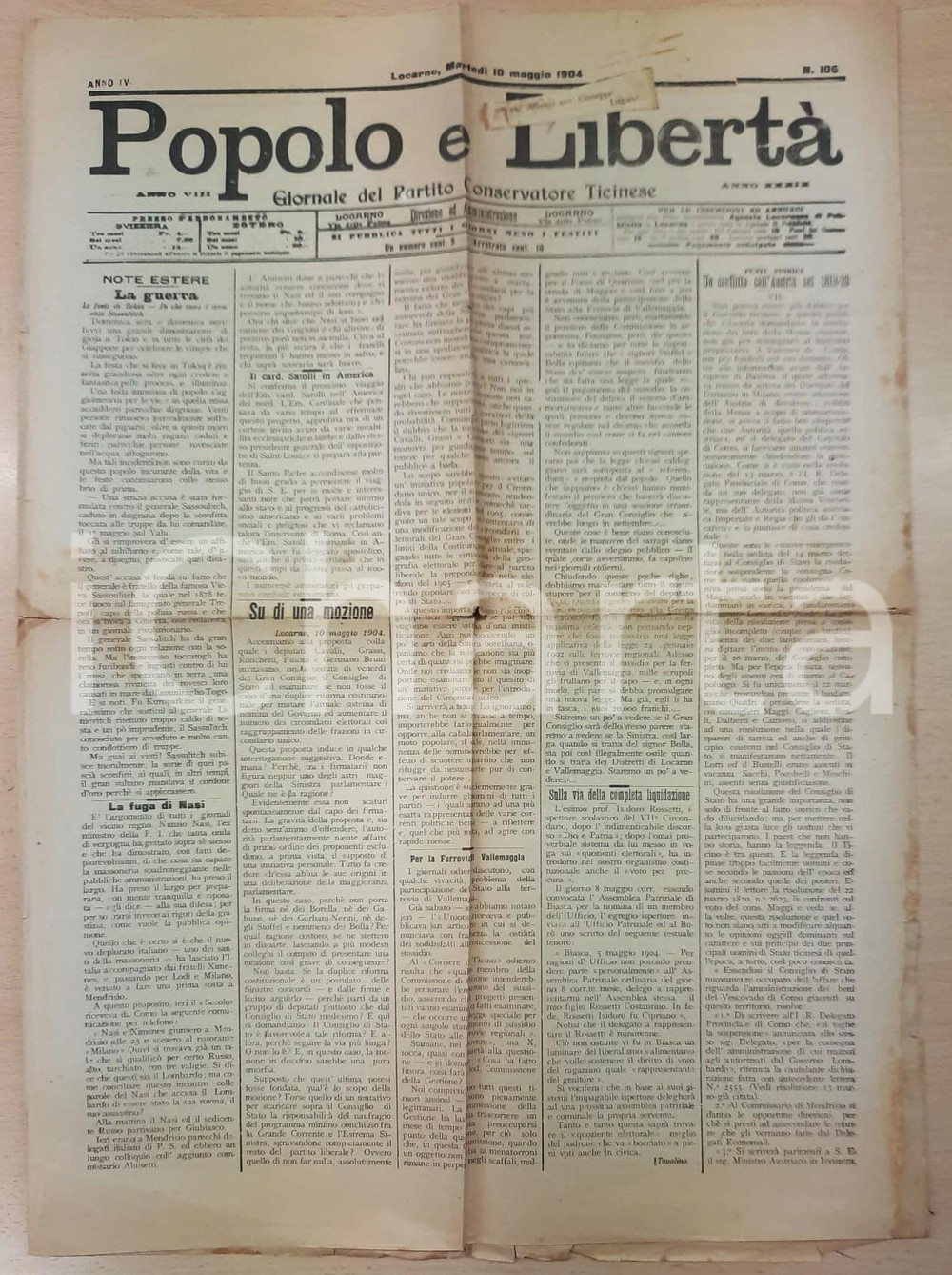 Giornale, rivista storica 1904 POPOLO E LIBERTÀ Fuga Nunzio NASI  Ferrovia di Vallemaggia Giornale 1