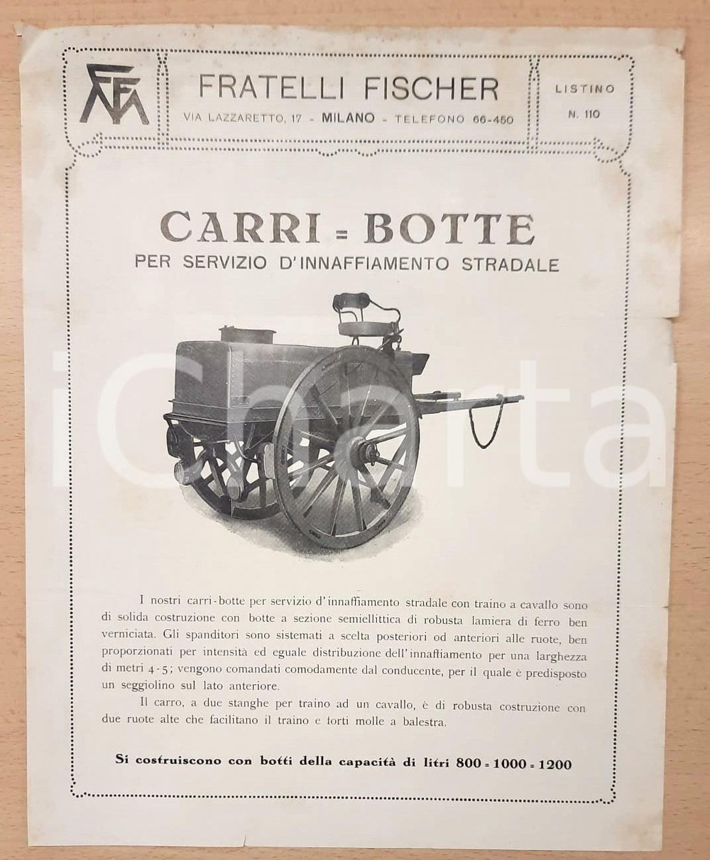 Materiale pubblicitario d’epoca 1910 ca MILANO Fratelli FISCHER Carri botte innaffiamento spurgo Pagina listino 1