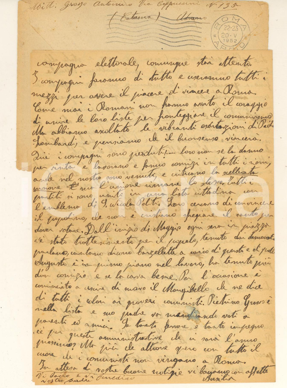 Manoscritto, lettera originale 1952 CATANIA Antonino Grosso  Lettera sulle elezioni I comunisti sono perduti 1