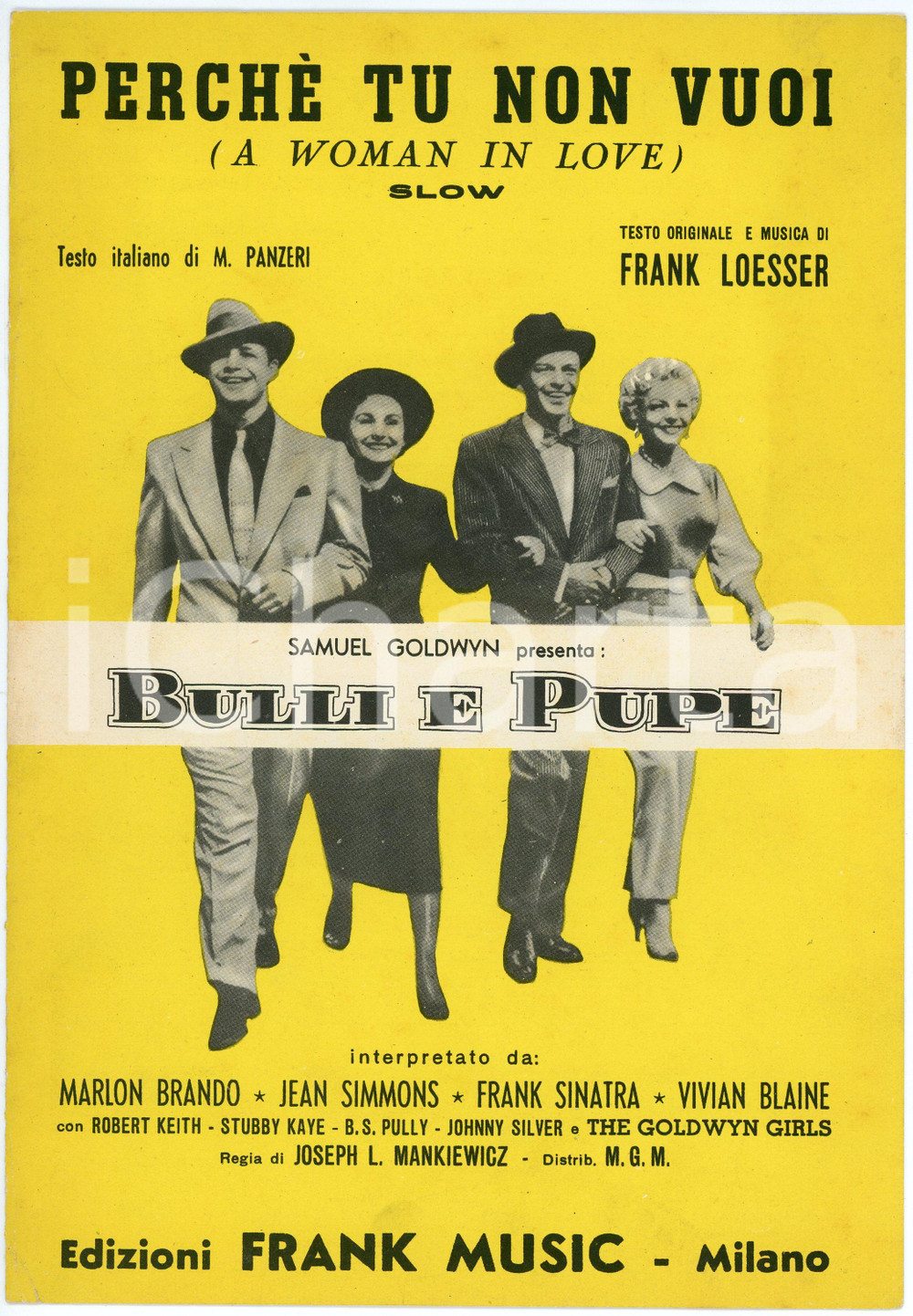 Oggetto da collezione cartaceo 1957 M. PANZERI Perché tu non vuoi  Dal film BULLI E PUPE Spartito ED. FRANK 1
