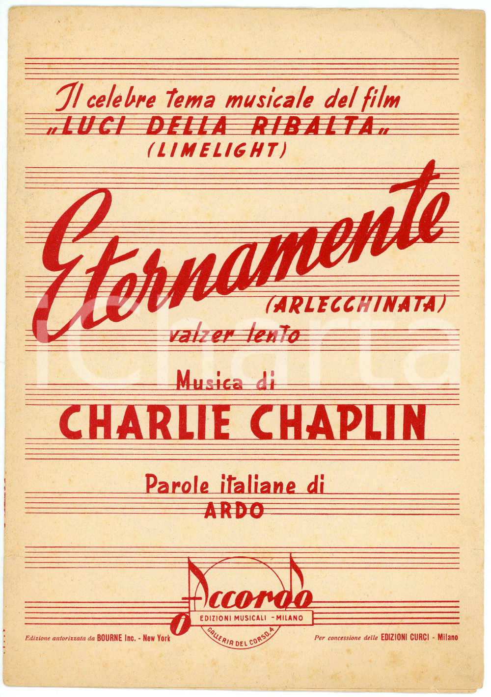 Oggetto da collezione cartaceo 1953 Charlie CHAPLIN Eternamente  Dal film LUCI DELLA RIBALTA Spartito 1