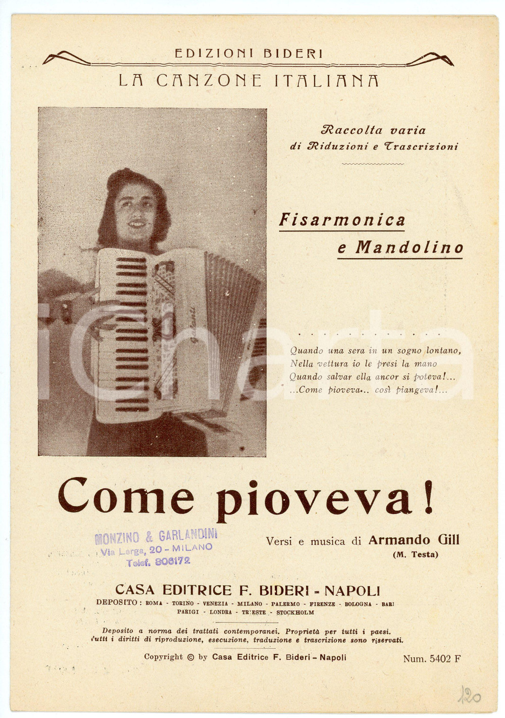 Oggetto da collezione cartaceo 1950 ca NAPOLI Edizioni BIDERI La canzone italiana  Come pioveva! Spartito 1