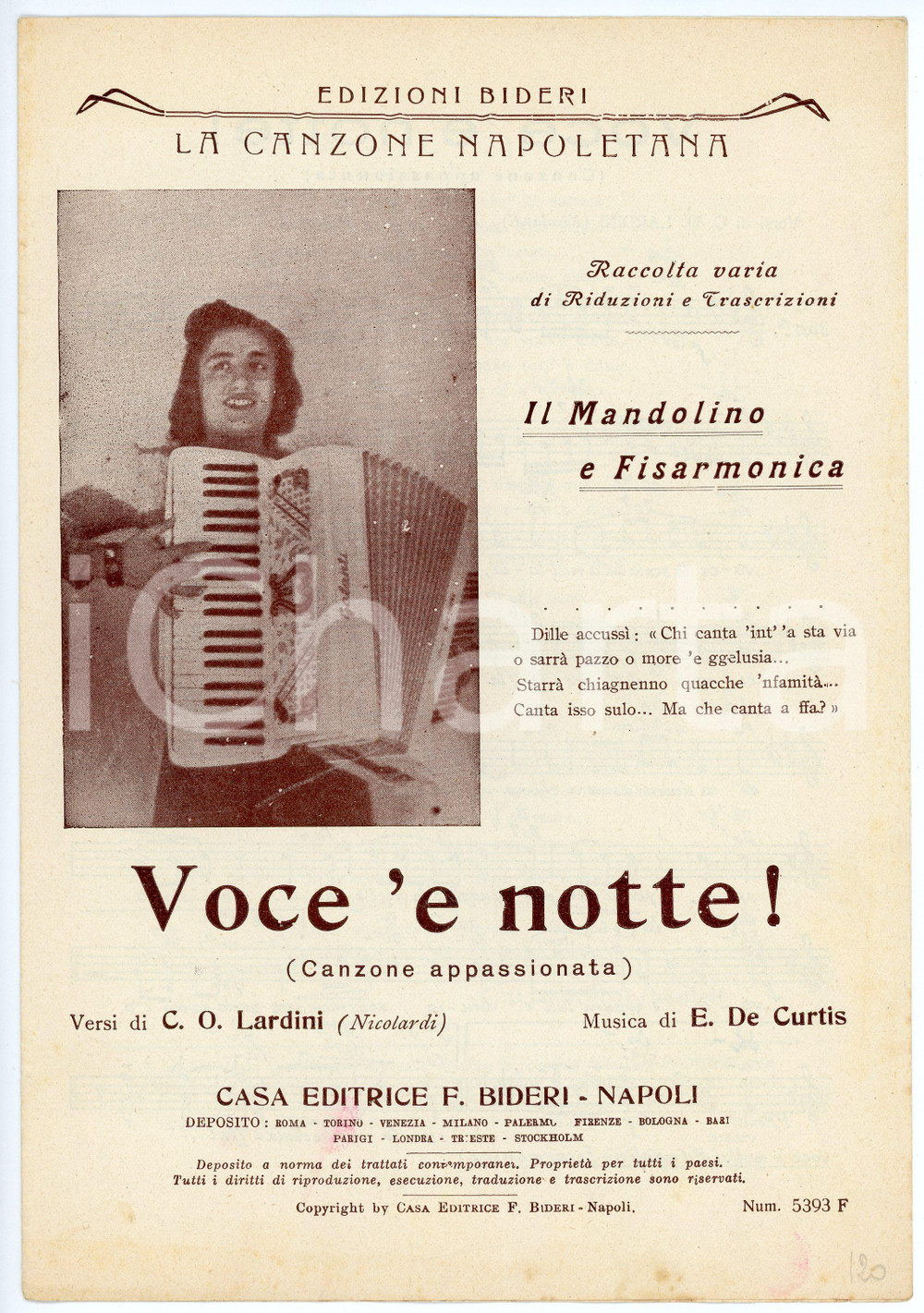 Oggetto da collezione cartaceo 1950 ca NAPOLI Edizioni BIDERI La canzone napoletana  Voce  e notte! Spartito 1