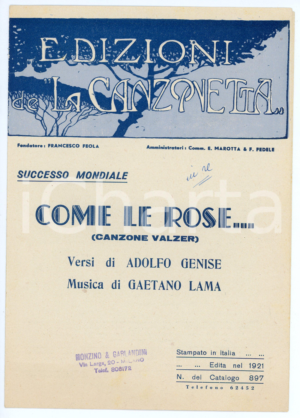 Oggetto da collezione cartaceo 1921 Adolfo GENISE Gaetano LAMA Come le rose... Spartito EDIZIONI LA CANZONETTA 1